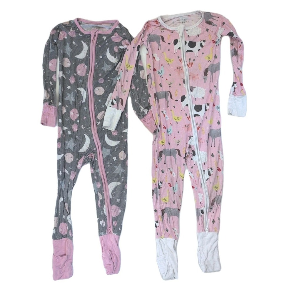 Lot of 2 Little Sleepies Zippy One Piece Bamboo Pajamas 3T - Farm Animals & Moon